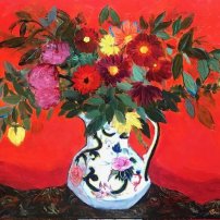 Ann Oram RSW Late Summer Flowers on Red
